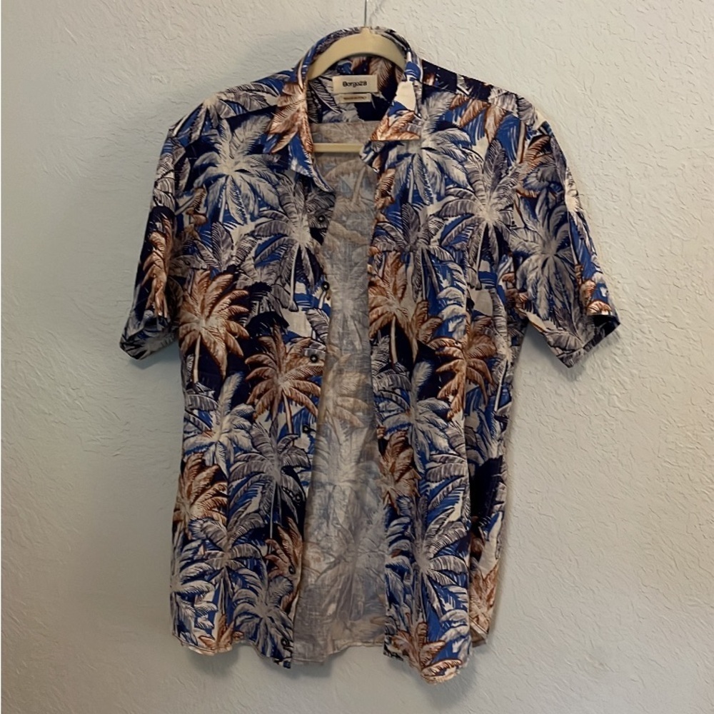 Mens Cotton Linen Blend Made in Italy Tropical Print Shirt Size L